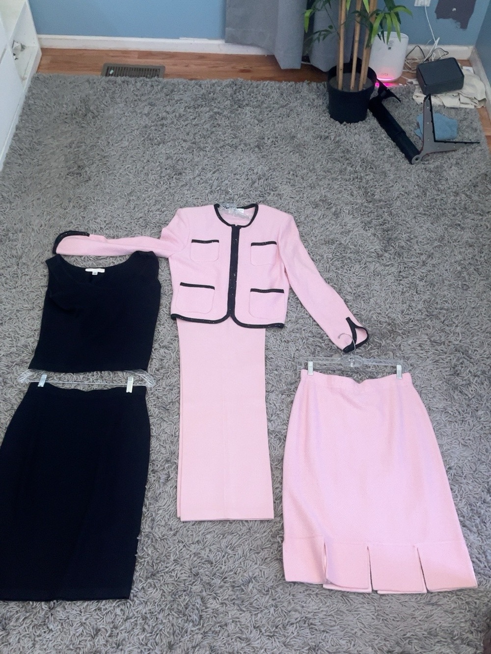 St. John Pink Tweed Jacket and Skirt Set with Black Trim